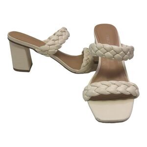 Cream Braided Slide Sandals Block Heel Square Toe Mules Women's Size 9.5